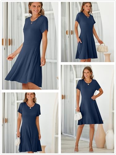 Image of Newshows Womens 2025 Summer Dresses Short Sleeve Ribbed Knit A-Line Swing Beach Vacation Outfits Casual Sundress with Pockets