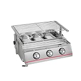 3 Brenner Edelstahl Tischgrill BBQ Grill - Grillgröße 45*25cm - Glasschild Gas Grill - Infrarot Heizung (Silver)