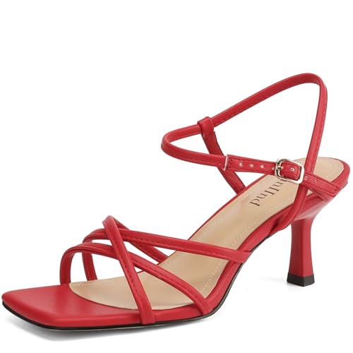 Image of AIUNIIND Kitten Heels for Women, Strappy Square Open Toe Sandals 2.5 inch
