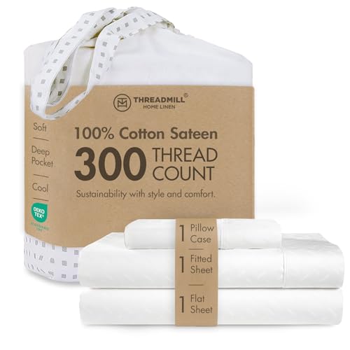Image of Threadmill 300TC Cotton Twin XL Sheet Set, Sateen, Jacquard, White, 3-Piece | 100% Cotton, Sateen Weave, Jacquard Pattern, 3-Piece Set, 16 inch Deep Pocket, Cooling, Breathable, OEKO-TEX Certified