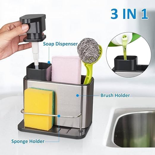JEEJEX 3 in 1 Kitchen Sink Caddy with Soap Dispenser & Sponge Holder | Stainless Steel Sink Organizer for Kitchen Counter | Rust-Free Dishwashing Liquid Bottle Stand β Silver 3