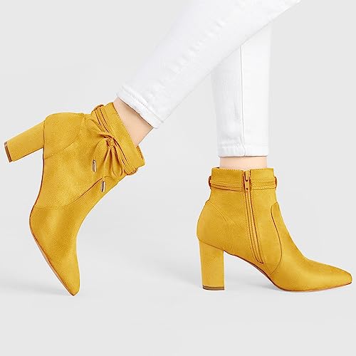 Allegra K Allegra K Women's Pointed Toe Block Heel Zipper Yellow Ankle Boots 5.5 M US