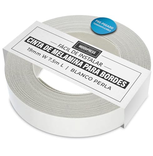 WoodPress® Cinta de melamina de color blanco mate de 19 mm, rollo de 7,5 m, se puede planchar para una fácil aplicación, cubre el borde de un panel de MDF estándar