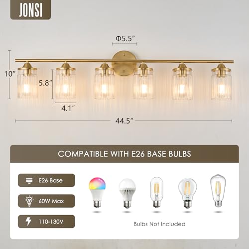 Image of Jonsi Gold Bathroom Light Fixtures 6-Light Vanity Lights Modern Wall Sconce with Clear Glass Shade Brushed Brass Bathroom Light Fixture Over Mirror for Bedroom Hallway Kitchen