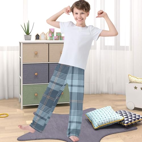 Boy's Pants Plaid Pattern Blue Brown Jogger Pants Elastic Waist Long Bottoms Trousers with Pockets 6-14 Years4