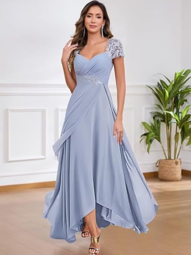 Tea Length Mother of The Bride Dresses for Wedding Lace Appliques Chiffon Formal Evening Dresses with Sleeves4
