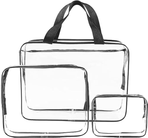 Sky Touch 3Pcs Clear Cosmetic Bag， Portable Clear Toiletry Bag With Zipper & Carry Handle For Travel Luggage Pouch And Bathroom Cosmetics And Cream Storage, Waterproof, Black