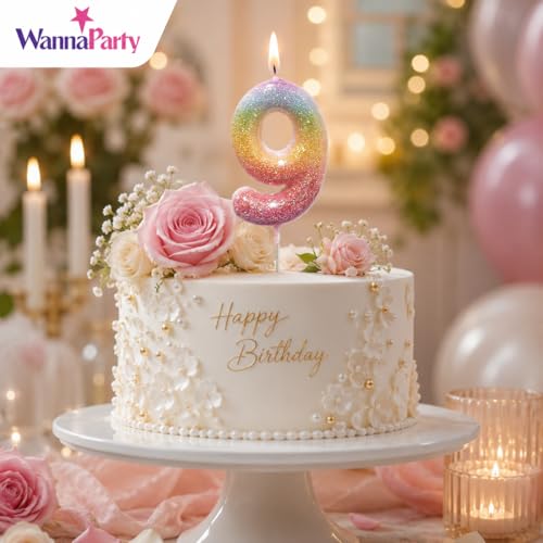 Image of Wanna Party Glitter Colorful 9th Birthday Candle, Birthday Number 9 Cake Candle Cake Toppers for Girl Women, Glitter Colorful Themed Party Decorations Supplies Birthday Gifts