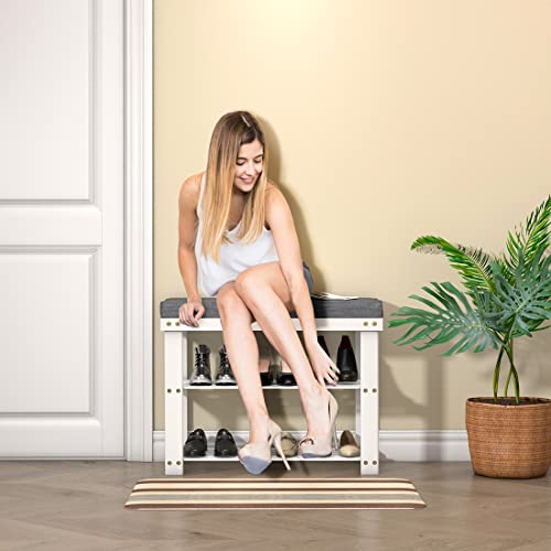 Domax White Shoe Rack Bench For Entryway - Bench With Shoe Storage Front Door Shoe Bench With Cushion Upholstered Padded Seat 3 Tier Bamboo Shoe Holder For Indoor Entrance Hallway Bedroom Living Room #TOP4
