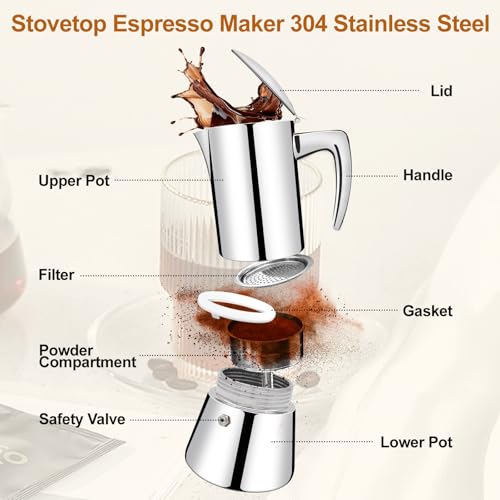 Vaolvpant No Coating 12 Cup Thickened 304 Stainless Steel Moka Pot Stovetop Espresso Maker Italian Coffee Machine 600ml 20.3oz Suitable for Gas Induction Stovetop Greca Coffee Maker Percolator