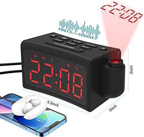 Ging Yhau Projection Alarm Clock For Bedroom,Led Digital Radio Clock Projection On Ceiling Wall With Usb Phone Charging,Battery Backup,180°Projector& Dimmer,12/24H,Snooze,Bedside Clock #TOP1
