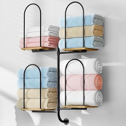 Towel Rack for Bathroom, Large Capacity Towel Holder for Bathroom Wall, Sturdy Wood for Rolled & Folded Towels Can Hold 12 Large Towels for Modern Small Space Bathroom Towel Storage Cover
