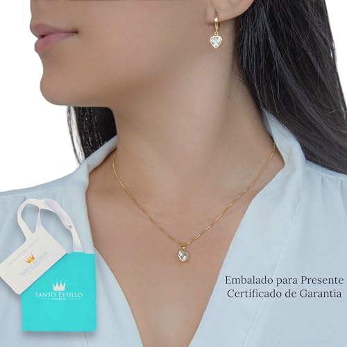 Conjunto Brinco e Colar Pingente Coração Cravejado Pedra Zircônia Banhado a ouro 18k Banho paládio a