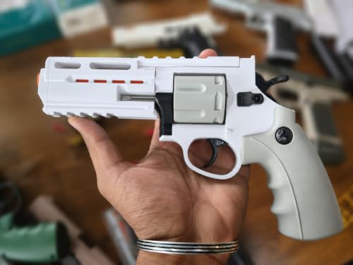 Image of TOYPAPA''Revolver Gun Toy for Boys| Long Barrel Strong ABS Plastic Airsoft Gun Pistol Semi Automatic | 12 Bullet Shell' and 50 Bullets Included''(White+Grey)