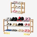 LEMIKKLE Schuhregal Holz Eiche 3 stöckig, Erweiterbar Mit Edelstahl Elementen, Ideal Für Enge Räume, Eingänge & Garagen