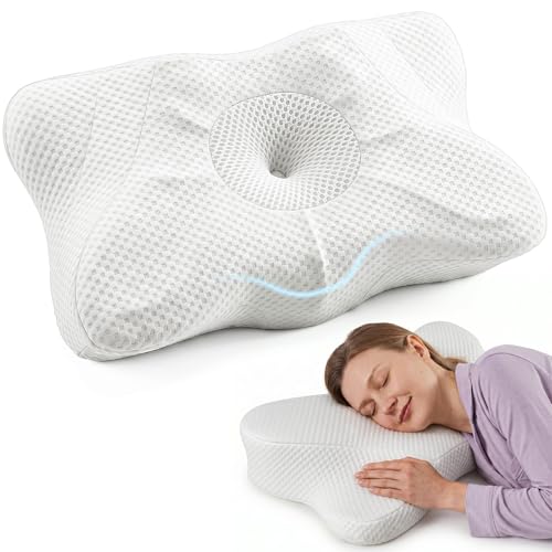 Image of DUMOS Cervical Neck Pillow, Cooling Ergonomic Memory Foam Pillows for Neck Pain Relief with Breathable Pillowcase, Dual Height Orthopedic Support Contour Pillow for Side, Stomach Sleepers, White