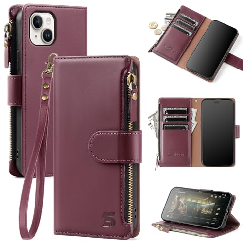 Shieldtop for iPhone 13 Wallet Case(Not iPhone 13 Pro) with Card Holder,for Women Men,iPhone 13 Phone Case RFID Blocking PU Leather Flip Shockproof Cover with Strap Zipper Credit Card Slots,Wine Red