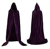 Velvet Cloak Cape Wizard Hooded Party Halloween Cosplay Costumes for Men Women 53” (Dark Purple)