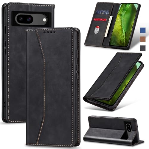 Image of Jasonyu Flip Wallet Case for Google Pixel 8A,Leather Magnetic Folio Cover with Card Holder,Kickstand - TPU Shockproof Durable Protective Phone Case,Black