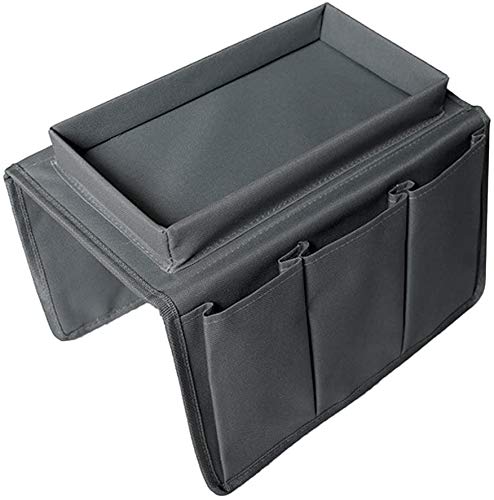 Sofa Armrest Organizer with Tray, Sofa Armrest Pocket Organizer Couch Chair Table Cabinet Storage Space Saver Bag Armchair Remote Control Holder Fits for Phone Pen Glasses Organize Gadget (Gray)