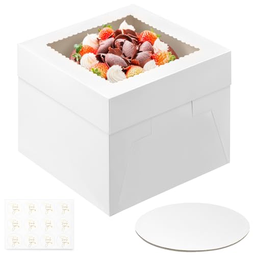 Ocmoiy 2 Sets Cake Boxes with Cake Boards, 10 x 10 x 8 Inches White Bakery Boxes with Window Tall Cake Containers for Wedding Birthday Party