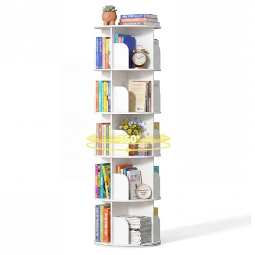 DUMOS 5 Tier Rotating Bookshelf Tower Study Spinning Bookshelf for Small Space 360 Display Revolving Bookcase Lazy Susan Freestanding Vertical Corner Book Shelf for Bedroom Living Room White