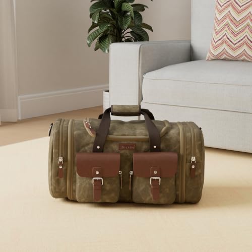Image of Wildroad Waxed Canvas Duffle Bag - 60L Waterproof Genuine Leather Weekender Overnight Travel Hand Bag