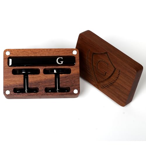 Image of Mens Initial Cufflinks and Tie Clip A-Z Alphabet Letter Black Stainless Cuff Links Tie Bar with Engraved Walnut Wood Box Groom Groomsman Wedding Set