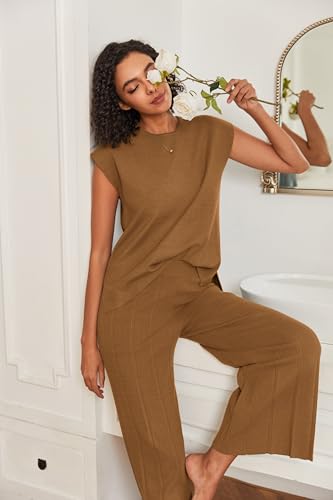 Image of Ekouaer Lounge Sets for Women Two Piece Outfits Knit Cap Sleeve Tops Wide Leg Pleated Pants Casual Dressy Sweater Sets