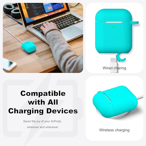 Image of AirPods Case Cover with Keychain, R-fun Full Protective Silicone AirPods Accessories Skin Cover for Women Girl with Apple AirPods Wireless Charging Case,Front LED Visible-Teal