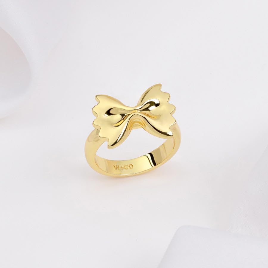 Wanderlust + Co Bow Tie Pasta Gold Ring 14K Gold Plated Hypoallergenic Jewelry Shower-safe