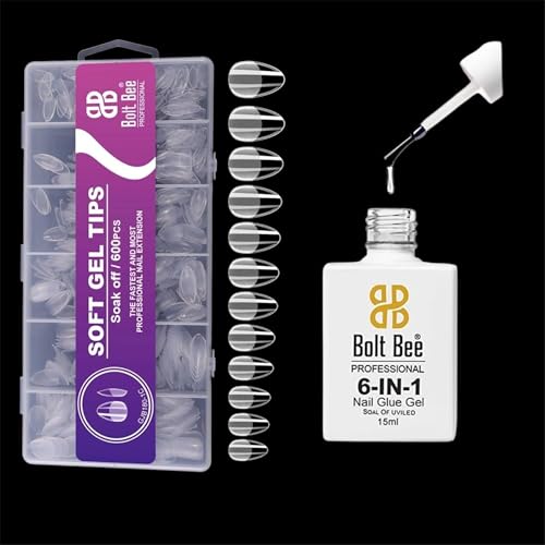 Image of Soft Gel Nail Tips - 600 Pcs Almond Shape, 12 Sizes - Full Cover Clear,6 in 1 gel glue Tips for DIY Nails & Salons (600pc softgel tips, short almond shape with 6in1 nail-gel)
