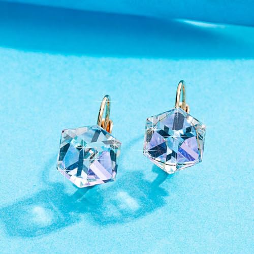 Cube Austrian Crystal Drop Leverback Earrings for Women Fashion 14K Rose Gold Plated Hypoallergenic Jewelry (Vitrail Light) - Image 7