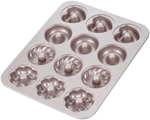 CHEFMADE Donut Mold Cake Pan, 12-Cavity Non-Stick Pattern Doughnut Bakeware for Oven Baking (Champagne Gold)