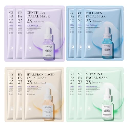 12PCS Essence Sheet Mask, Hydrating Sheet Face Mask Set, Face Masks Skincare Set, Collagen Vitamin C Face Masks for Women & Men, Moisturizing, Nourishing, Anti-Aging, Brightening Sheet Masks Multipack