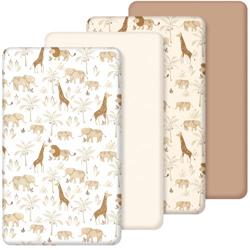 Image of SmoothNovelty 4 Pack Safari Jungle Animals Crib Fitted Sheet for Boys Girls - 52" x 28" Neutral Baby Sheet with Lion and Giraffe for Standard Mattress Gift Set, Microfiber & Soft Breathable (Beige)