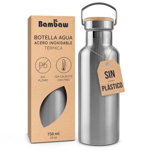Bambaw Botella Agua Acero Inoxidable 750ml, Botella Termica Acero Inoxidable para Bebidas Frías y Calientes, Garrafa Inox Duradera Anticorrosión, Garrafa Termica 750ml para Posavasos (Acero Nature)