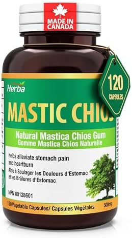Herba Mastic Gum Capsules 500mg – 120 Capsules | Natural Mastica Chios Gum Supplement for Stomach Pain, Heartburn, and Gastro Relief | Made in Canada
