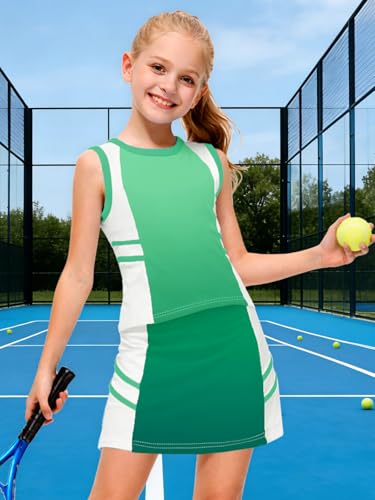 Image of AOBUTE Girls Tennis Golf Outfit Tank Top and Skirt with Shorts Set 4-12 Years