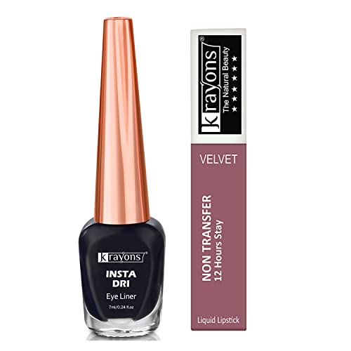 Image of Krayons Insta Dri Sparkling Eyeliner, Black, 7ml And Power Stay Nontransfer 12hrs Stay Matte Liquid Lipstick,Mauve Glaze, 4ml