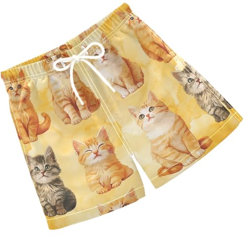 Pigsaly Boys' Swim Board Shorts Watercolor Yellow Cute Cat Boy's Swim Trunks Kids Swimwear 4T