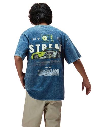 Image of Veirdo Heavy GSM Pure Cotton Men's Graphic Print Oversized Fit Half Sleeve Round Neck Cotton Acid Wash Print T-Shirt in Different Colors with Sizes ranging from S to 2XL.