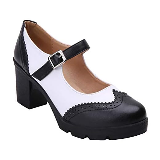Happyyami Dam lanierpump Mary Jane rockabilly skor kvinnor 7 cm häl plats block ankle Strap Brogues retro söt Lolita Chunky Heels, Svart vit, 40.5 EU