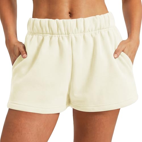 ALTHLEMON Womens Sweat Shorts High Waisted Fleece Lined Casual Lounge Athletic Cotton Shorts with Pockets (Gardenia M)