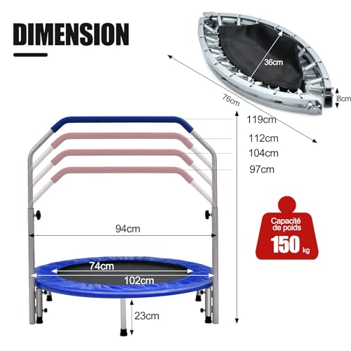 GYMAX Trampoline de Fitness Pliable avec Poignée Réglable à 4 Niveaux, Ressorts en Acier Renforcés, Couverture Rembourrée, Sac de Transport, Trampoline de Loisirs pour Adultes/Enfants (Rouge) – Image 6
