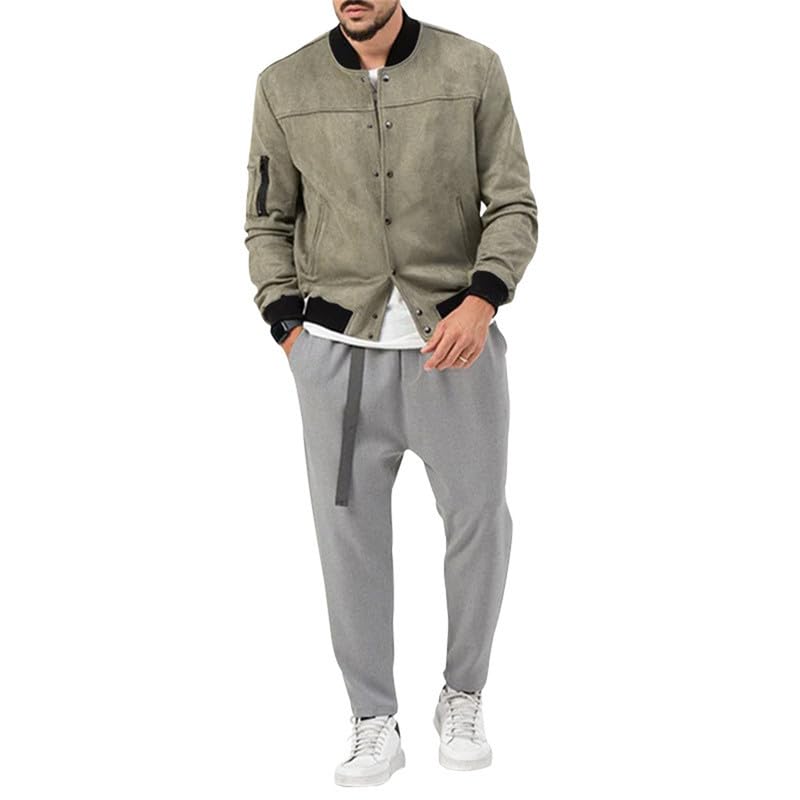 Image of Mens Faux Suede Bomber Jacket Varsity Jacket Windbreaker Vintage Casual Lightweight Leather Coats Jackets