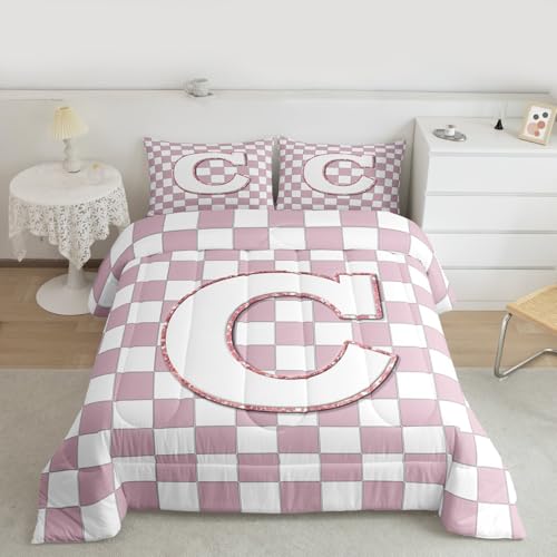 Image of Erosebridal Pink Initial C Bedding Set Full Kawaii Plaid Checkered Comforter Set for Kids Girls Teen Women Cute Personalized Monogram Down Comforter,Fashion Grids Gingham Quilt Duvet