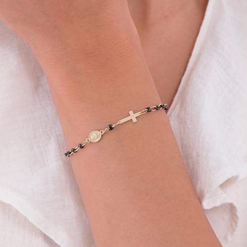 Image of MIONZA Catholic Medal Cross Bracelet for Women | 14K Gold Plated or Solid Gold, Religious Rosary Jewelry, Choose Your Saint Medal Bracelet