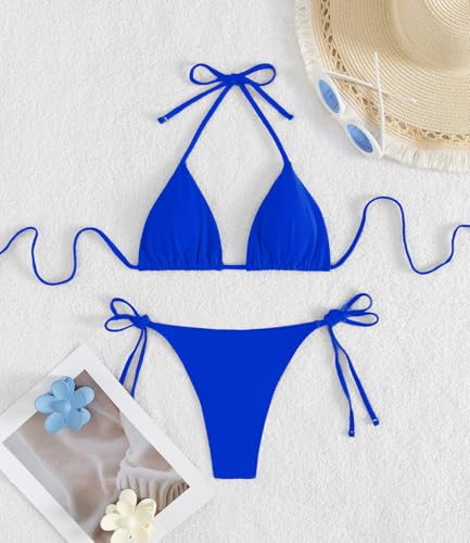 Image of Tainehs Women's Sexy Halter Thong Bikini Tie Two Sides Bottom Triangle Bikini Swimsuits