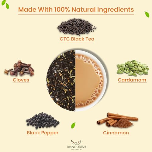 TeaNOURISH Indischer Original Masala Chai Tee | Assam CTC Loser Schwarztee | Gemischt mit Zimt, Kardamom, schwarzem Pfeffer und Nelken | 100% NATÜRLICHE ZUTATEN – 100 g